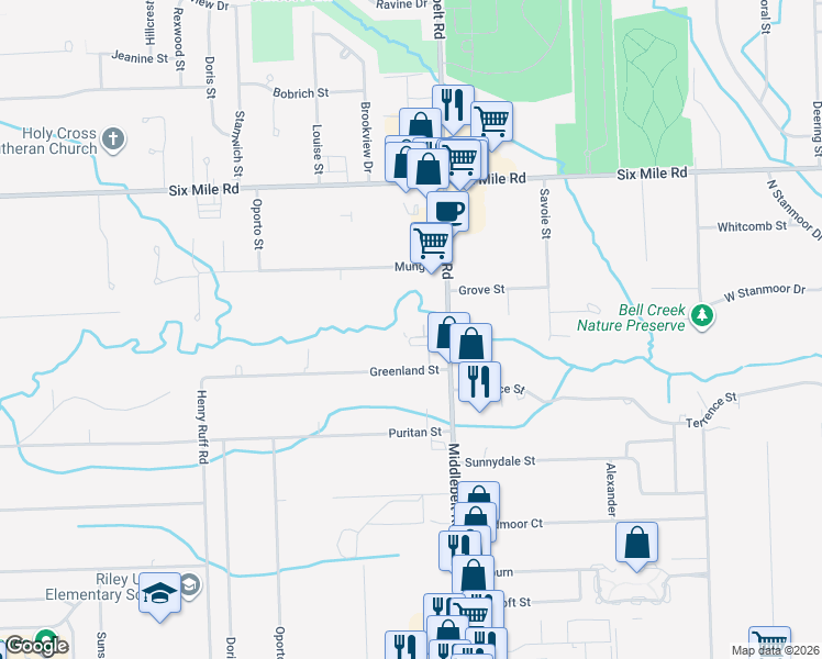 map of restaurants, bars, coffee shops, grocery stores, and more near 16569 Middlebelt Road in Livonia