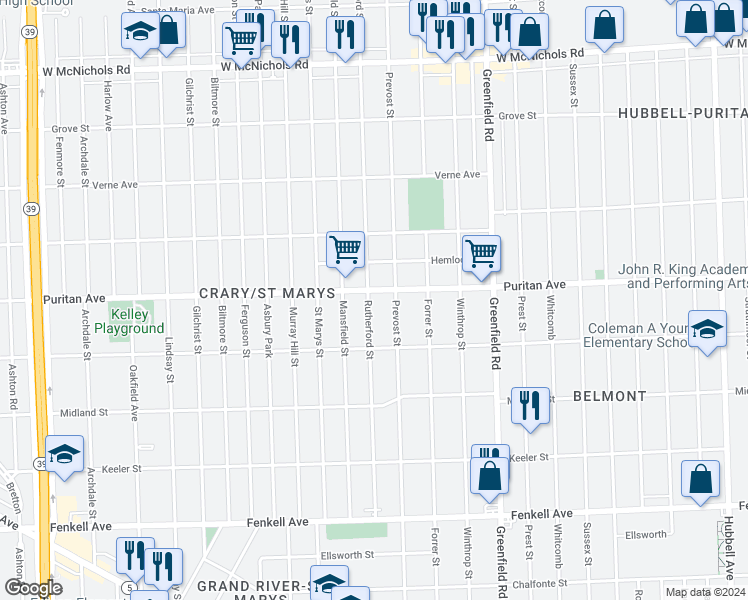 map of restaurants, bars, coffee shops, grocery stores, and more near 15906 Rutherford Street in Detroit