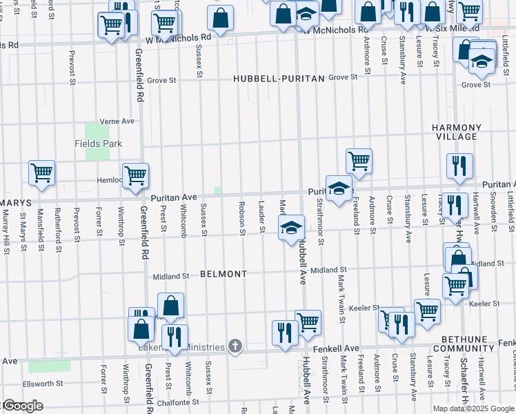 map of restaurants, bars, coffee shops, grocery stores, and more near 15881 Lauder Street in Detroit