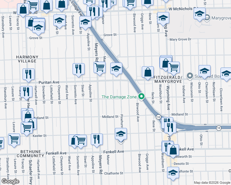 map of restaurants, bars, coffee shops, grocery stores, and more near 15821 Monte Vista Street in Detroit