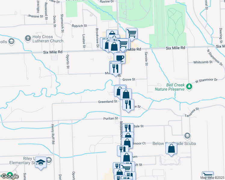 map of restaurants, bars, coffee shops, grocery stores, and more near 16349 Middlebelt Road in Livonia