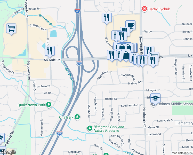map of restaurants, bars, coffee shops, grocery stores, and more near 38240 Bloomfield Drive in Livonia