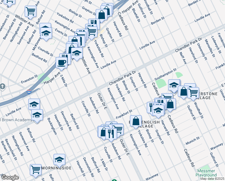 map of restaurants, bars, coffee shops, grocery stores, and more near 5551 Kensington Avenue in Detroit