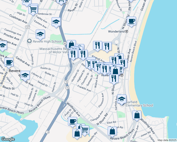 map of restaurants, bars, coffee shops, grocery stores, and more near 90b Shirley Avenue in Revere