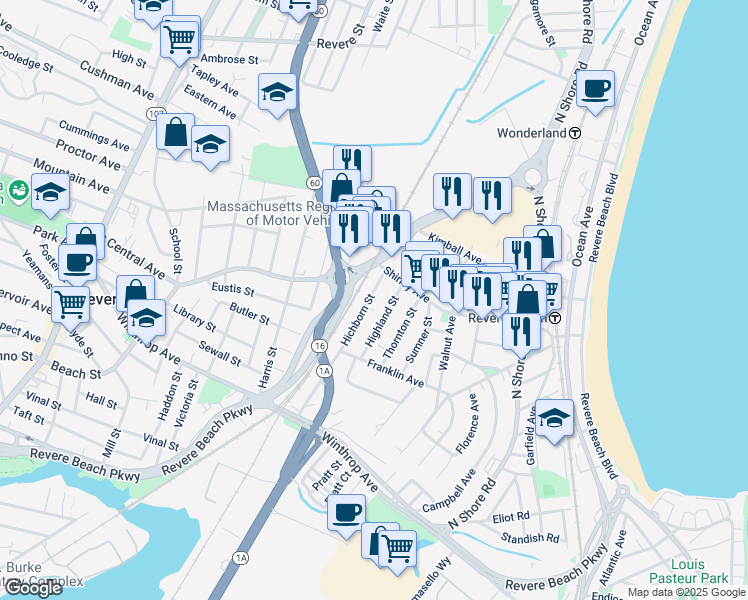 map of restaurants, bars, coffee shops, grocery stores, and more near 42 Hichborn Street in Revere
