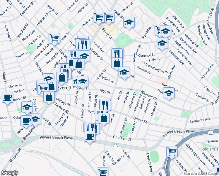 map of restaurants, bars, coffee shops, grocery stores, and more near 131 High Street in Everett