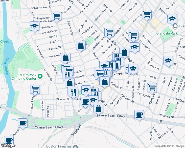 map of restaurants, bars, coffee shops, grocery stores, and more near 17 Liberty Street in Everett