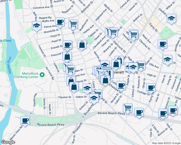 map of restaurants, bars, coffee shops, grocery stores, and more near 17 Liberty Street in Everett