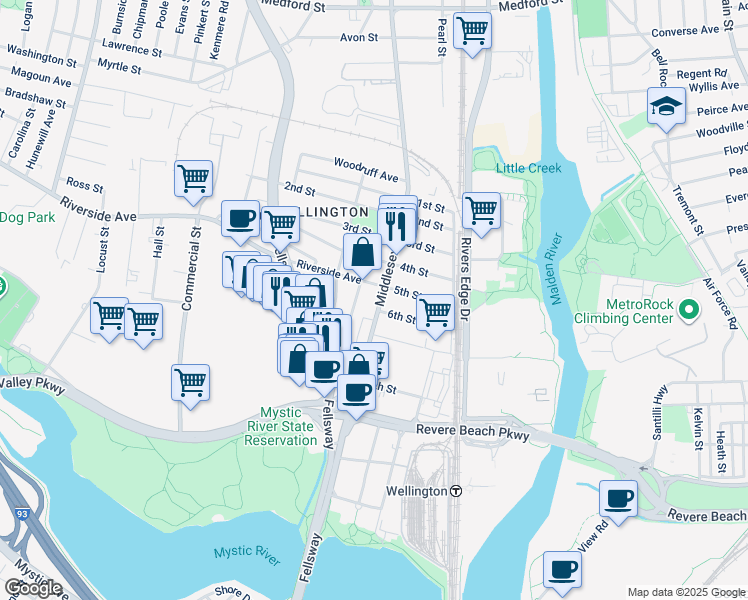 map of restaurants, bars, coffee shops, grocery stores, and more near 167 Middlesex Avenue in Medford