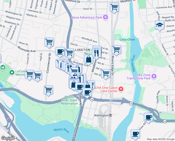 map of restaurants, bars, coffee shops, grocery stores, and more near 11 Bradbury Avenue in Medford