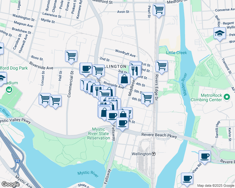 map of restaurants, bars, coffee shops, grocery stores, and more near 11 Bradbury Avenue in Medford