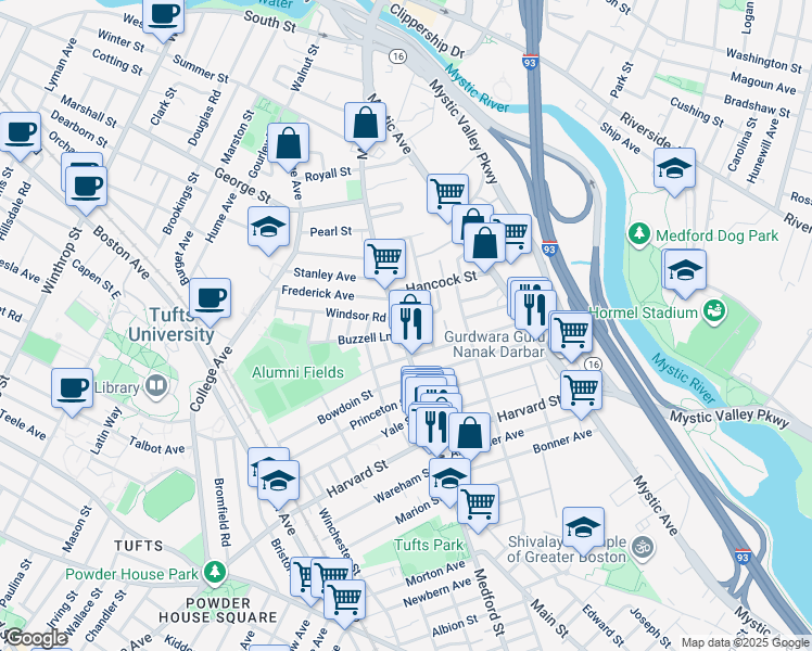 map of restaurants, bars, coffee shops, grocery stores, and more near 308 Main Street in Medford