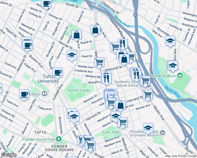 map of restaurants, bars, coffee shops, grocery stores, and more near 20 Buzzell Lane in Medford