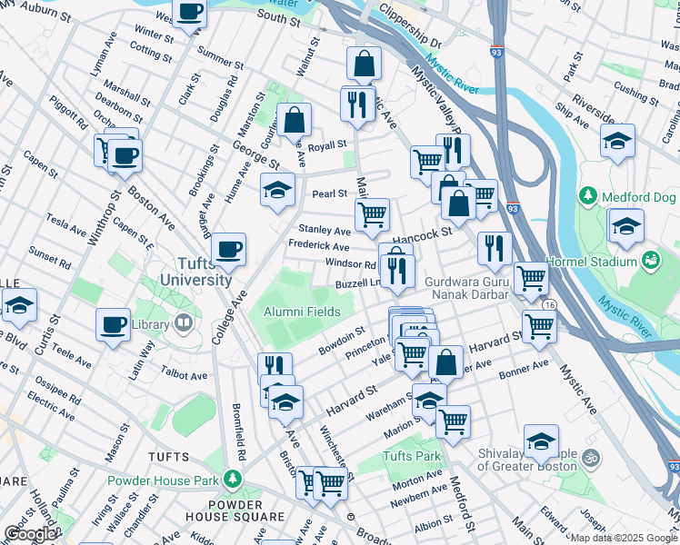 map of restaurants, bars, coffee shops, grocery stores, and more near 26 Renfrew Street in Medford