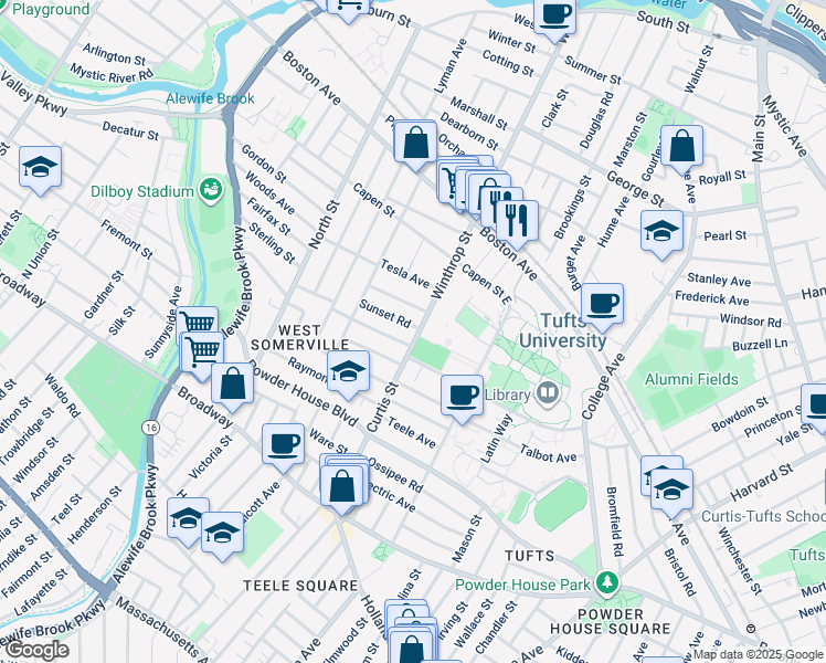map of restaurants, bars, coffee shops, grocery stores, and more near 148 Curtis Street in Somerville