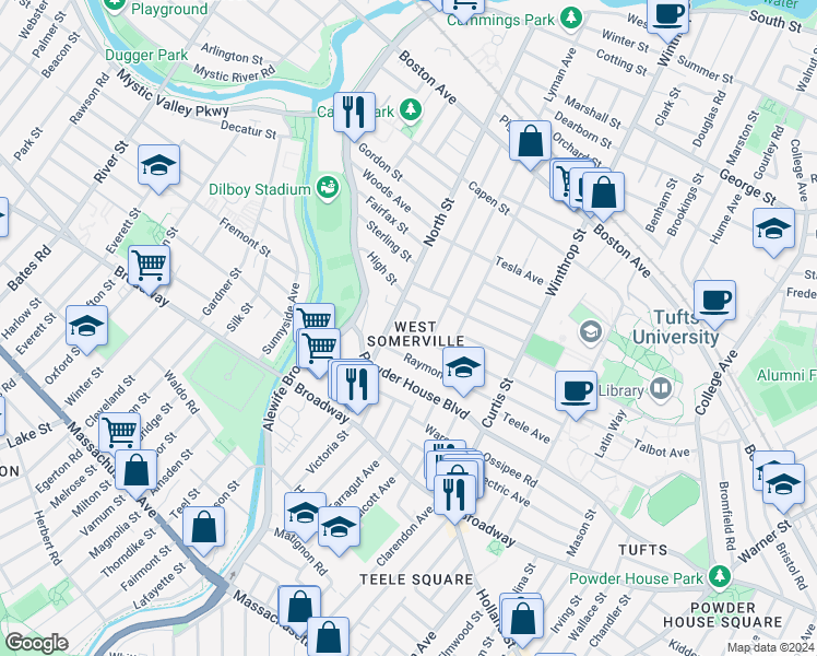 map of restaurants, bars, coffee shops, grocery stores, and more near in Somerville