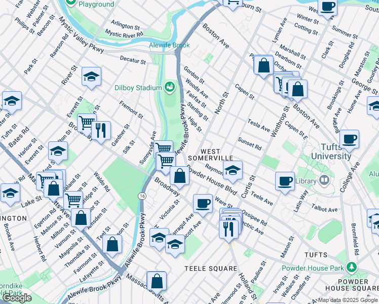 map of restaurants, bars, coffee shops, grocery stores, and more near 66 North Street in Somerville