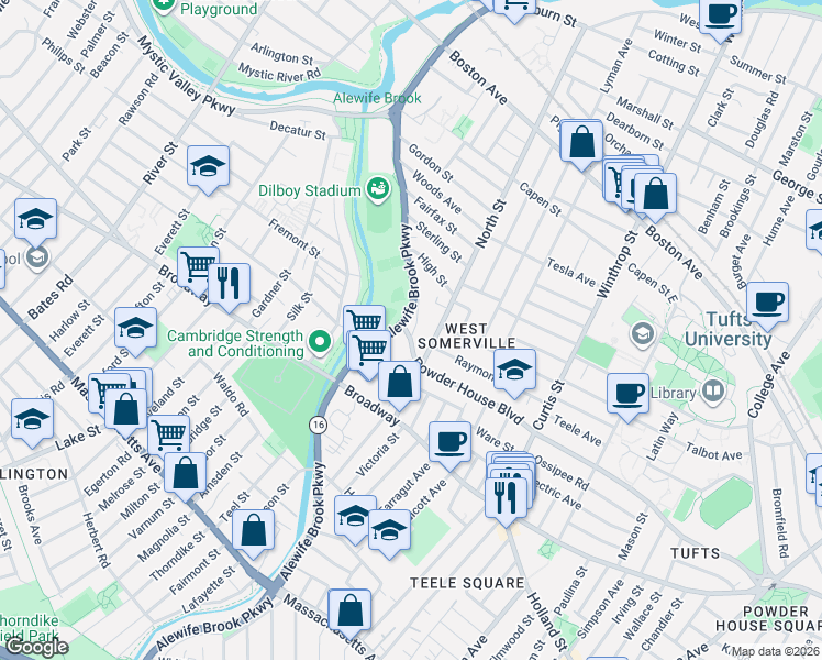 map of restaurants, bars, coffee shops, grocery stores, and more near 66 North Street in Somerville