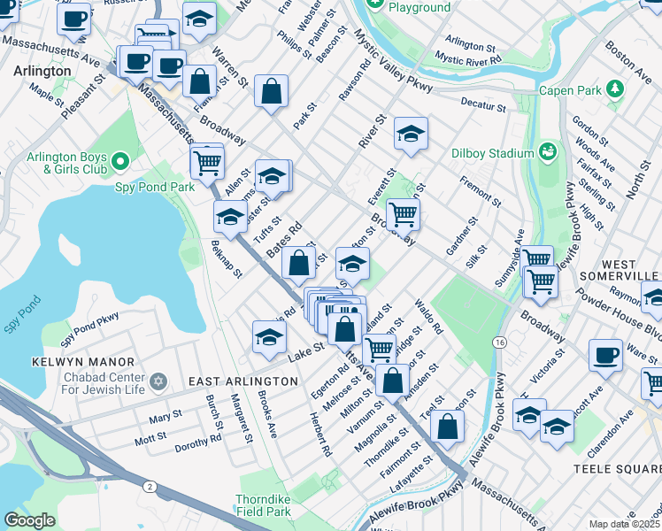 map of restaurants, bars, coffee shops, grocery stores, and more near 46-48 Oxford Street in Arlington