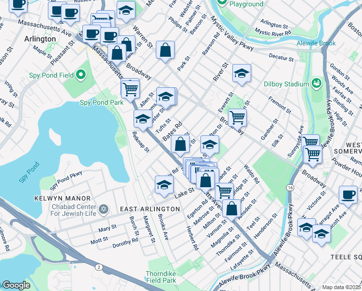map of restaurants, bars, coffee shops, grocery stores, and more near 21 Everett Street in Arlington