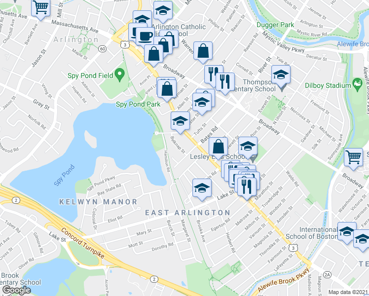 map of restaurants, bars, coffee shops, grocery stores, and more near 18 Marion Road in Arlington