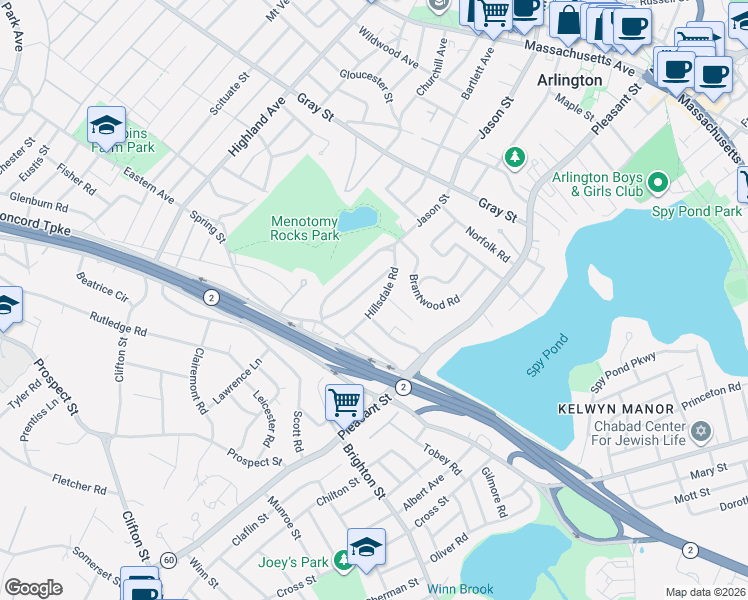 map of restaurants, bars, coffee shops, grocery stores, and more near 56 Hillsdale Road in Arlington