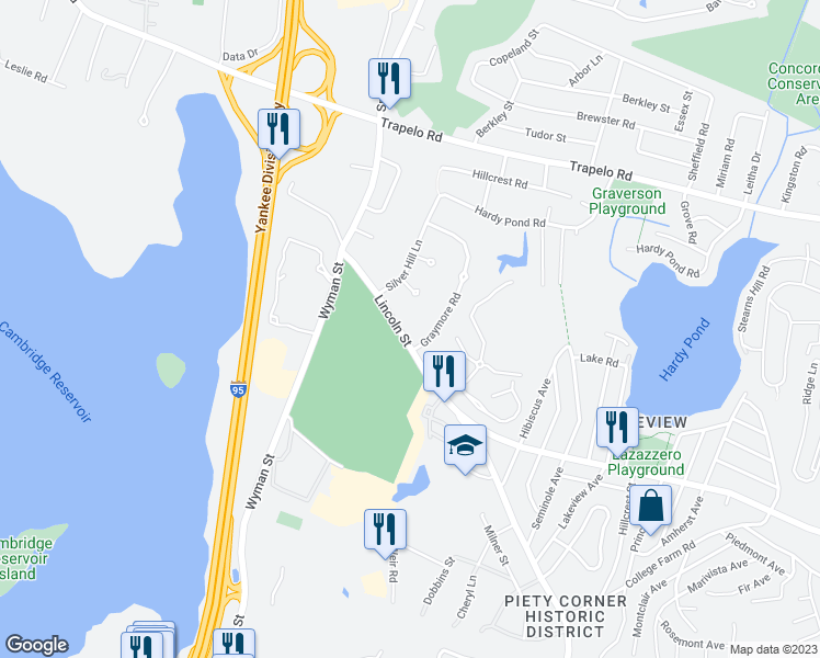 map of restaurants, bars, coffee shops, grocery stores, and more near in Waltham
