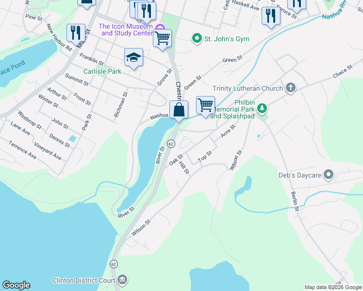 map of restaurants, bars, coffee shops, grocery stores, and more near 46 Oak Street in Clinton