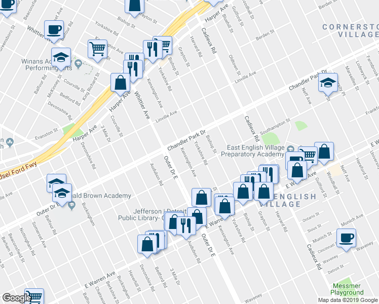 map of restaurants, bars, coffee shops, grocery stores, and more near 5551 Kensington Avenue in Detroit