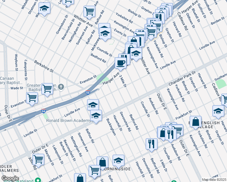 map of restaurants, bars, coffee shops, grocery stores, and more near in Grosse Pointe Park