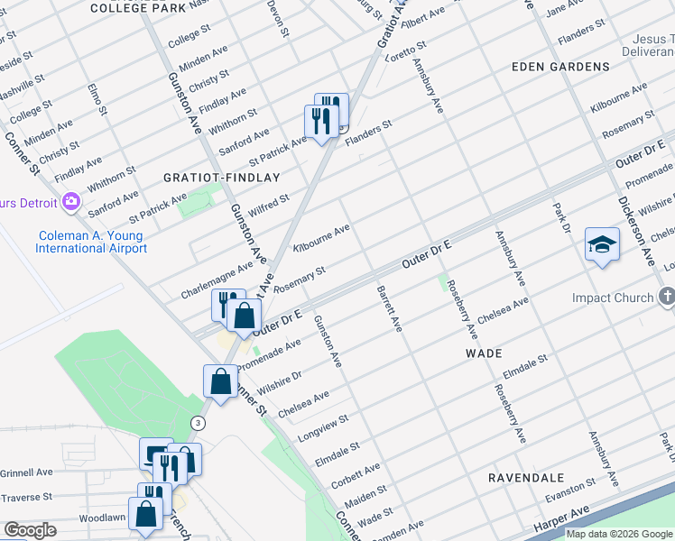map of restaurants, bars, coffee shops, grocery stores, and more near 8253 Outer Drive East in Detroit