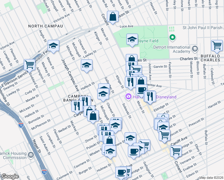 map of restaurants, bars, coffee shops, grocery stores, and more near 12224 Charest Street in Hamtramck