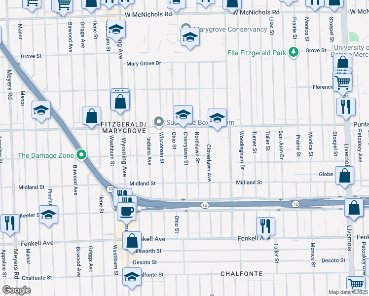 map of restaurants, bars, coffee shops, grocery stores, and more near 15803 Northlawn Street in Detroit