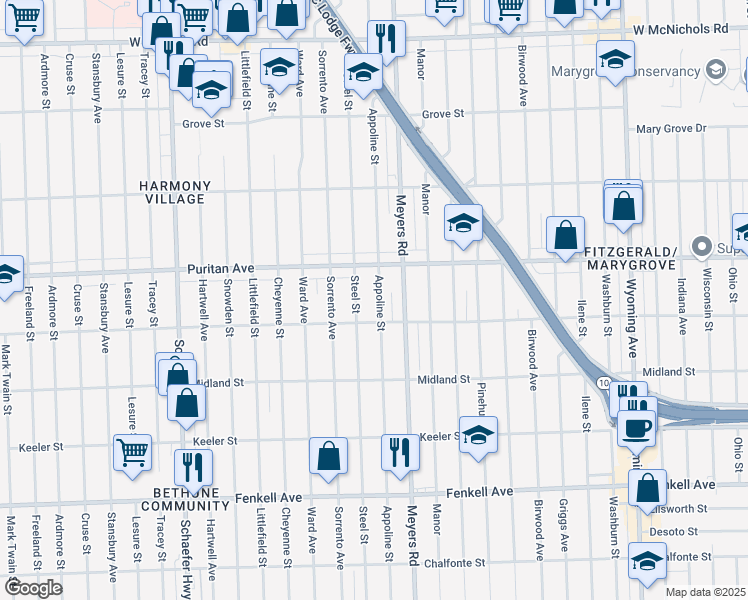 map of restaurants, bars, coffee shops, grocery stores, and more near 15810 Appoline Street in Detroit