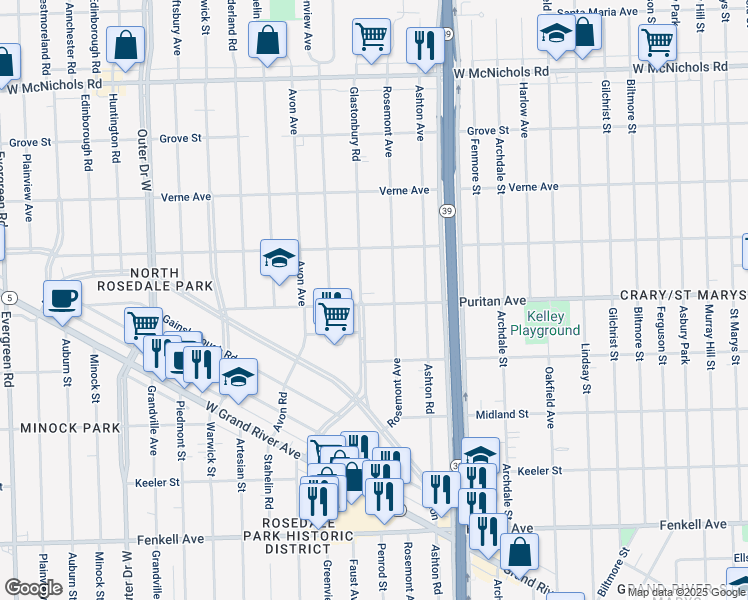 map of restaurants, bars, coffee shops, grocery stores, and more near 15903 Rosemont Avenue in Detroit