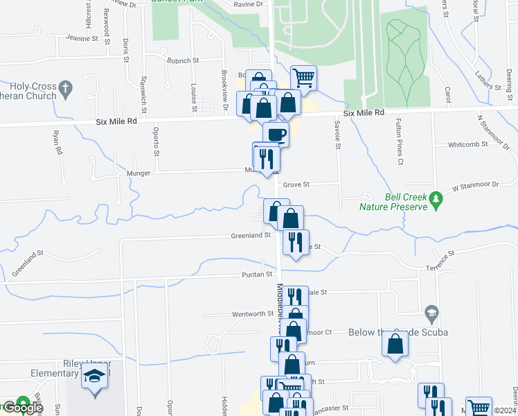 map of restaurants, bars, coffee shops, grocery stores, and more near 16349 Middlebelt Road in Livonia