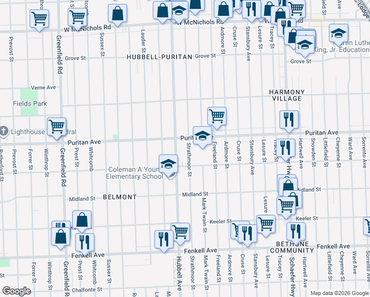 map of restaurants, bars, coffee shops, grocery stores, and more near 15857 Strathmoor Street in Detroit