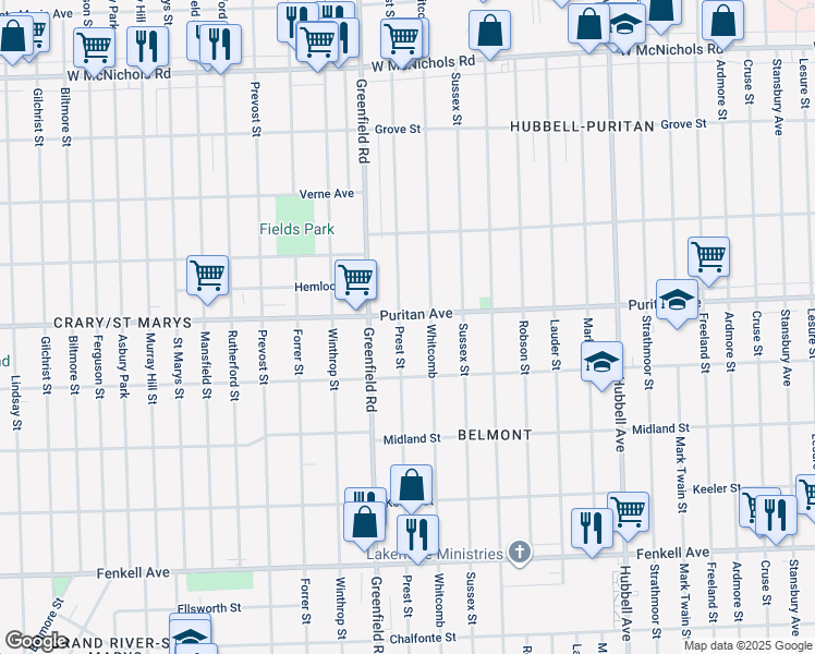 map of restaurants, bars, coffee shops, grocery stores, and more near 15900 Prest Street in Detroit