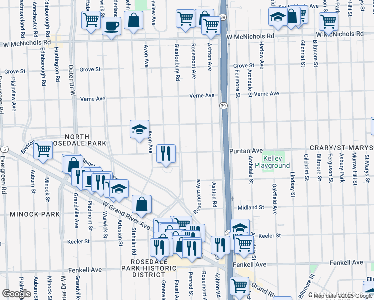 map of restaurants, bars, coffee shops, grocery stores, and more near 15903 Rosemont Avenue in Detroit