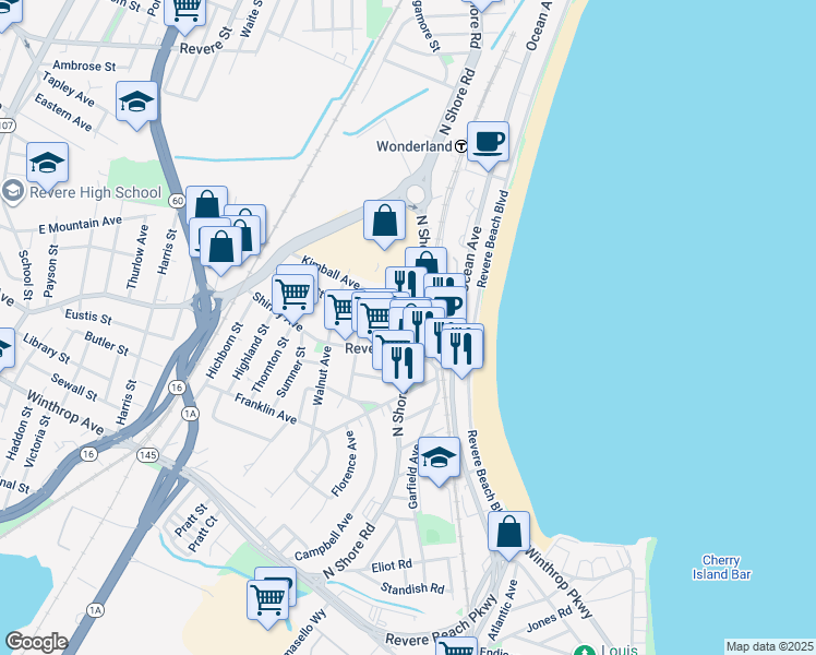 map of restaurants, bars, coffee shops, grocery stores, and more near 1510 North Shore Road in Revere