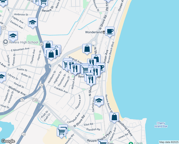 map of restaurants, bars, coffee shops, grocery stores, and more near 156 Shirley Avenue in Revere