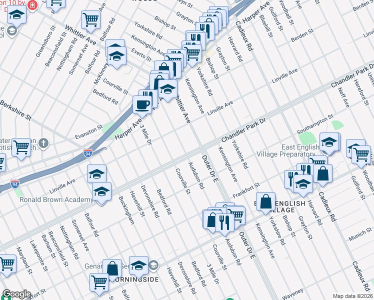 map of restaurants, bars, coffee shops, grocery stores, and more near 11910 Outer Drive East in Detroit
