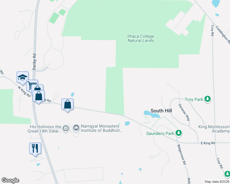 map of restaurants, bars, coffee shops, grocery stores, and more near 144 East King Road in Ithaca