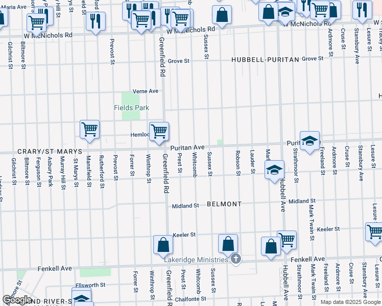 map of restaurants, bars, coffee shops, grocery stores, and more near 15901 Whitcomb Avenue in Detroit