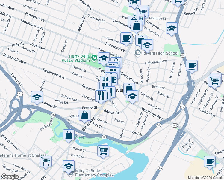 map of restaurants, bars, coffee shops, grocery stores, and more near 8 Pleasant Street in Revere