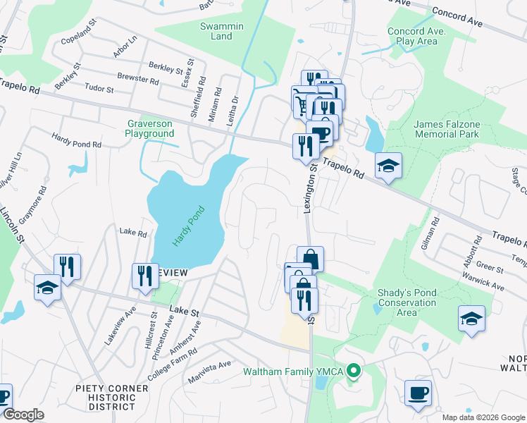 map of restaurants, bars, coffee shops, grocery stores, and more near 3604 Stearns Hill Road in Waltham