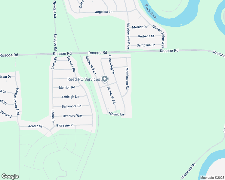 map of restaurants, bars, coffee shops, grocery stores, and more near 10180 Clearwing Lane in Roscoe