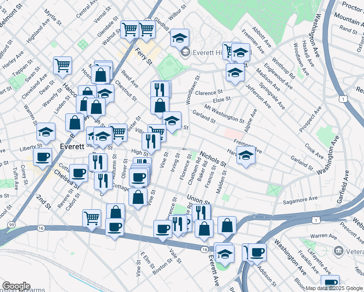 map of restaurants, bars, coffee shops, grocery stores, and more near 148 Irving Street in Everett