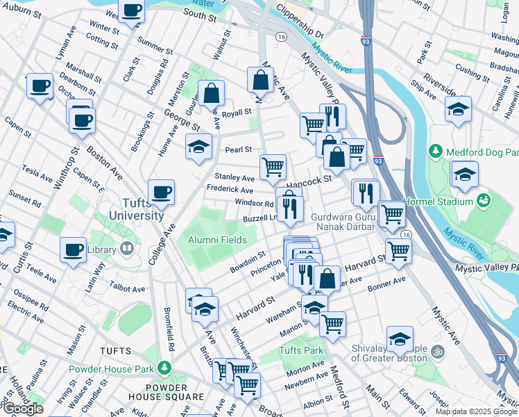 map of restaurants, bars, coffee shops, grocery stores, and more near 20 Buzzell Lane in Medford
