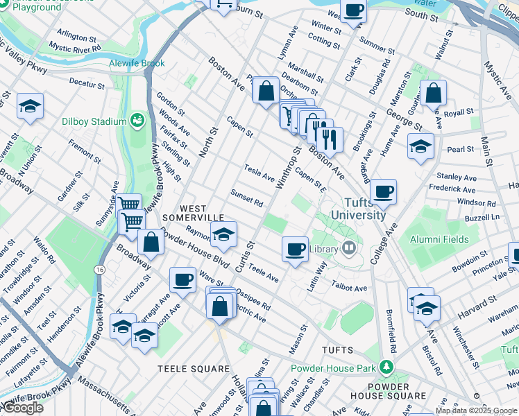 map of restaurants, bars, coffee shops, grocery stores, and more near 12 Sunset Road in Somerville